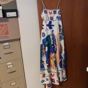 NEW ! Soleil Summer Full Skirt Midi Dress All Over Mixed Media Luxury Print SzXL